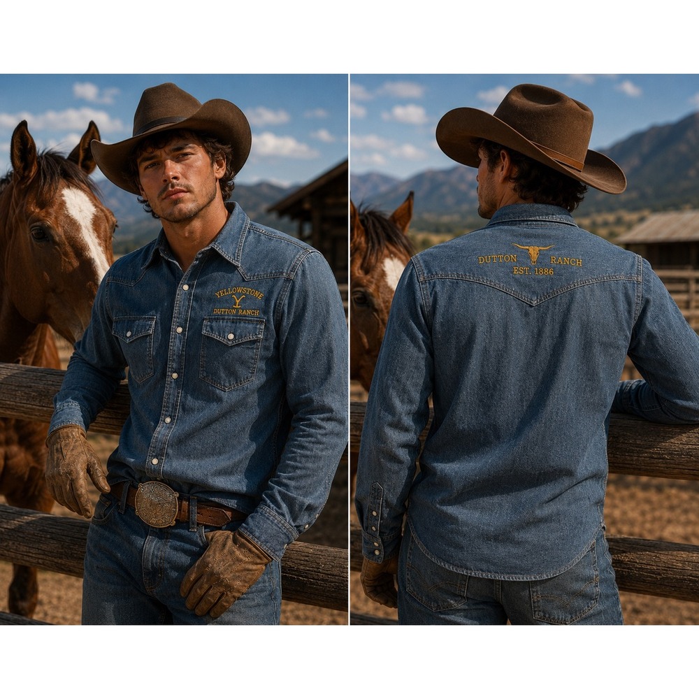 Yellowstone Dutton Ranch Mens 2XL Denim Western Snap Shirt Blue NWT 1886 Logo